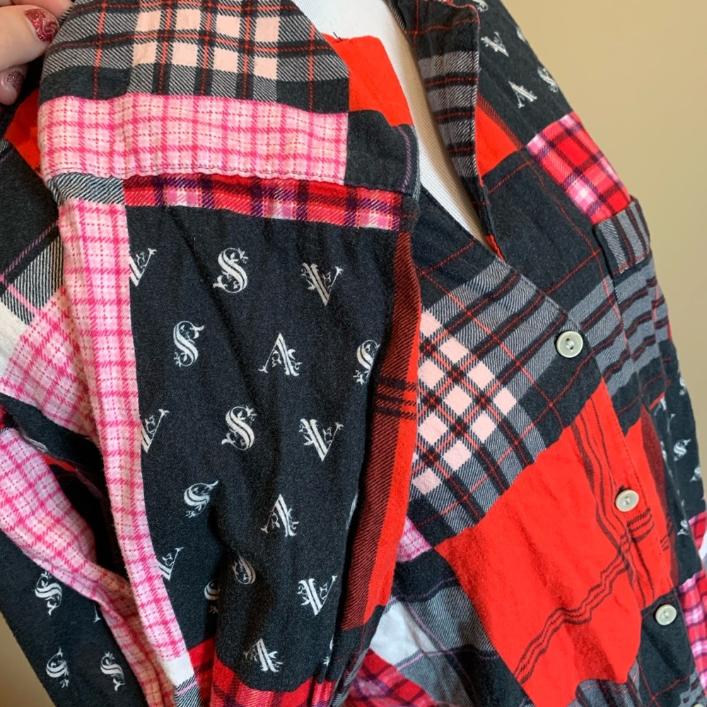Vs Plaid Patchwork Flannel Button Down Sleep Shirt - image 4